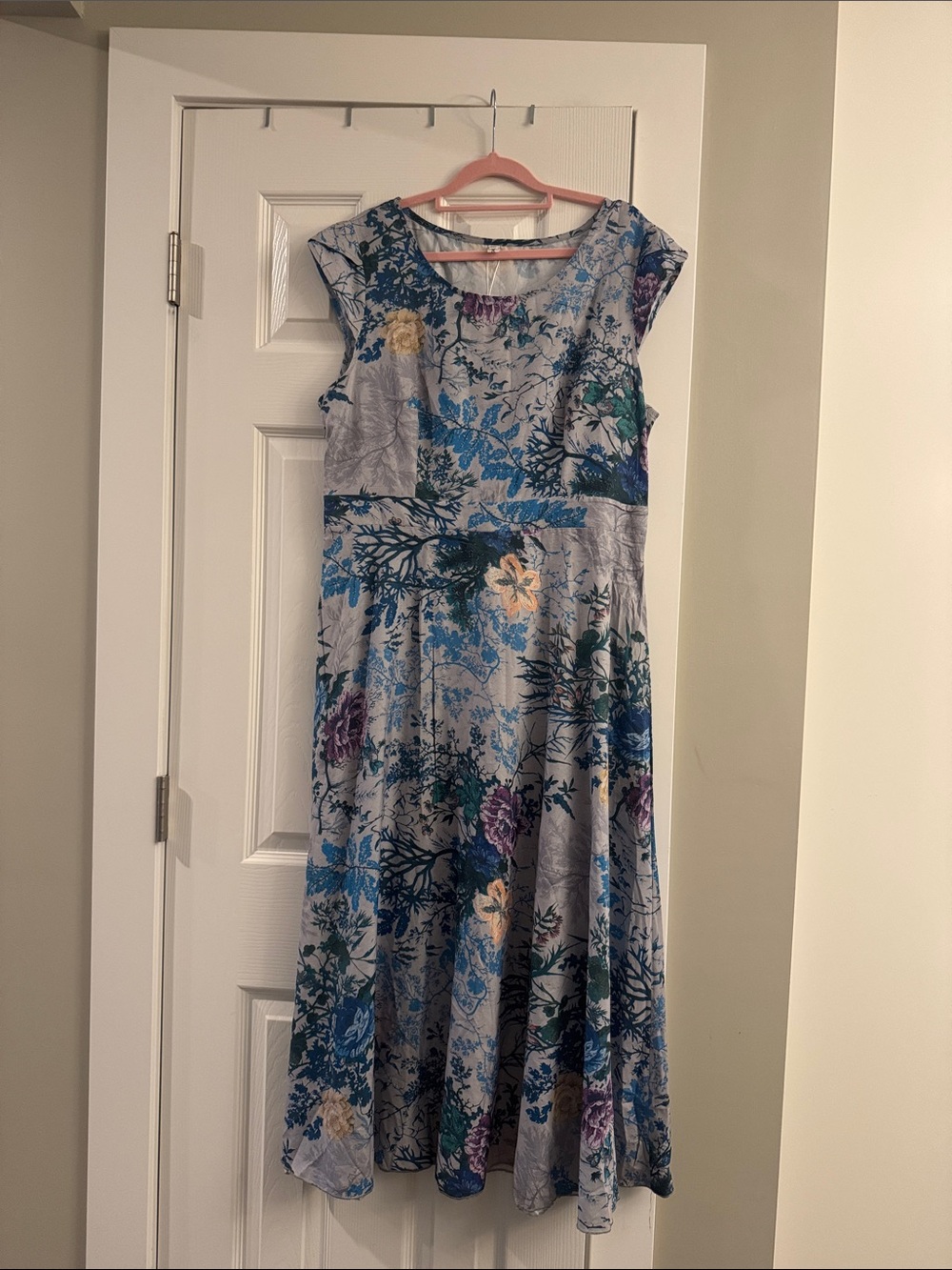 Light Gray Floral Maxi Dress with Blue and Purple Accents